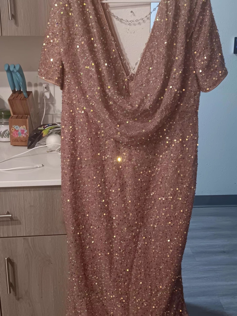 SHEIN Rose Gold Sequin Cowl Neck Prom Dress